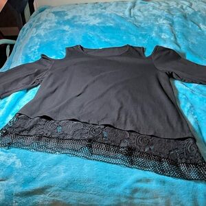 Black Cold Shoulder Top with Lace Hem